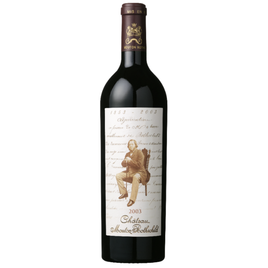 2003 Château Mouton Rothschild bottle with its distinctive label design, showcasing a Premier Cru Classé Pauillac red wine.