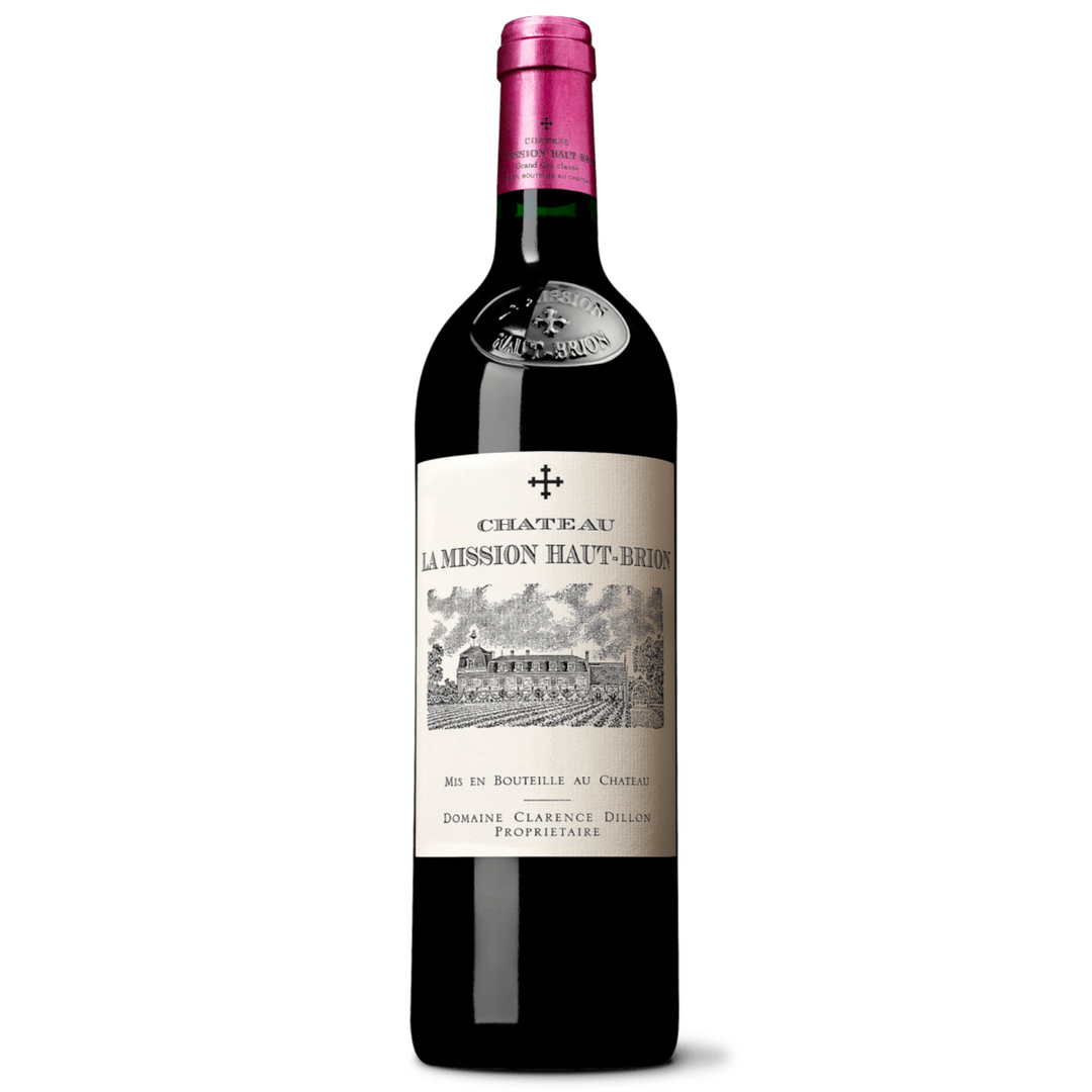 A bottle of 2010 Château La Mission Haut-Brion, showcasing its elegant label and Bordeaux heritage.