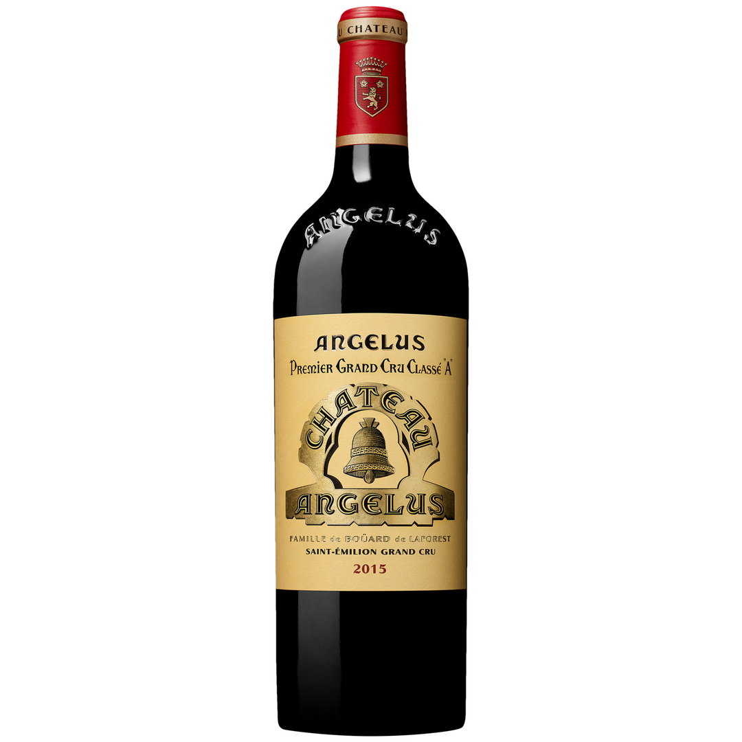 2015 Château Angélus Saint-Émilion Grand Cru Classé A bottle with gold label, showcasing its prestigious Bordeaux heritage and exceptional vintage.