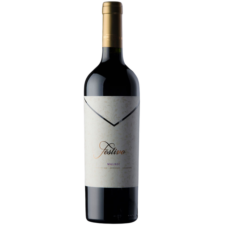 A bottle of 2021 Bodega Monteviejo, Festivo Malbec on white background