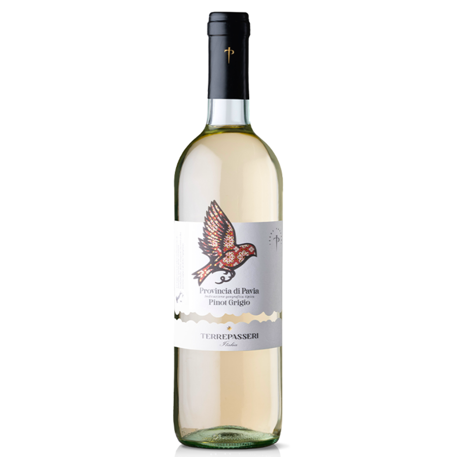 2023 Terre Passeri Pinot Grigio white wine bottle with a bird-themed label, perfect for parties, weddings, and events.