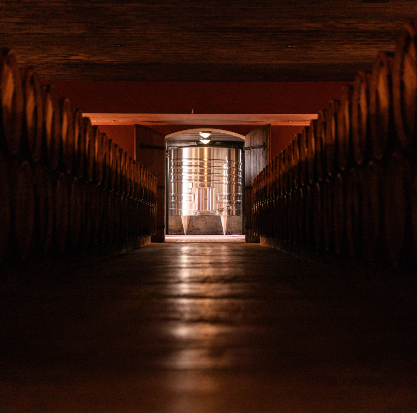 A dimly lit corridor flanked by oak barrels, leading to a bright stainless-steel fermentation tank at Château d'Issan.