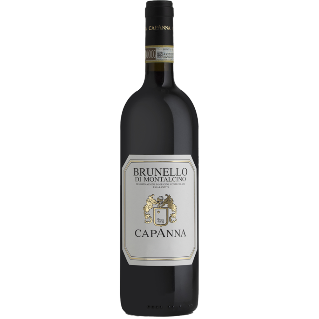 Capanna Brunello di Montalcino – Italian red wine bottle with Capanna label, featuring gold and black accents, from the Montalcino region of Tuscany