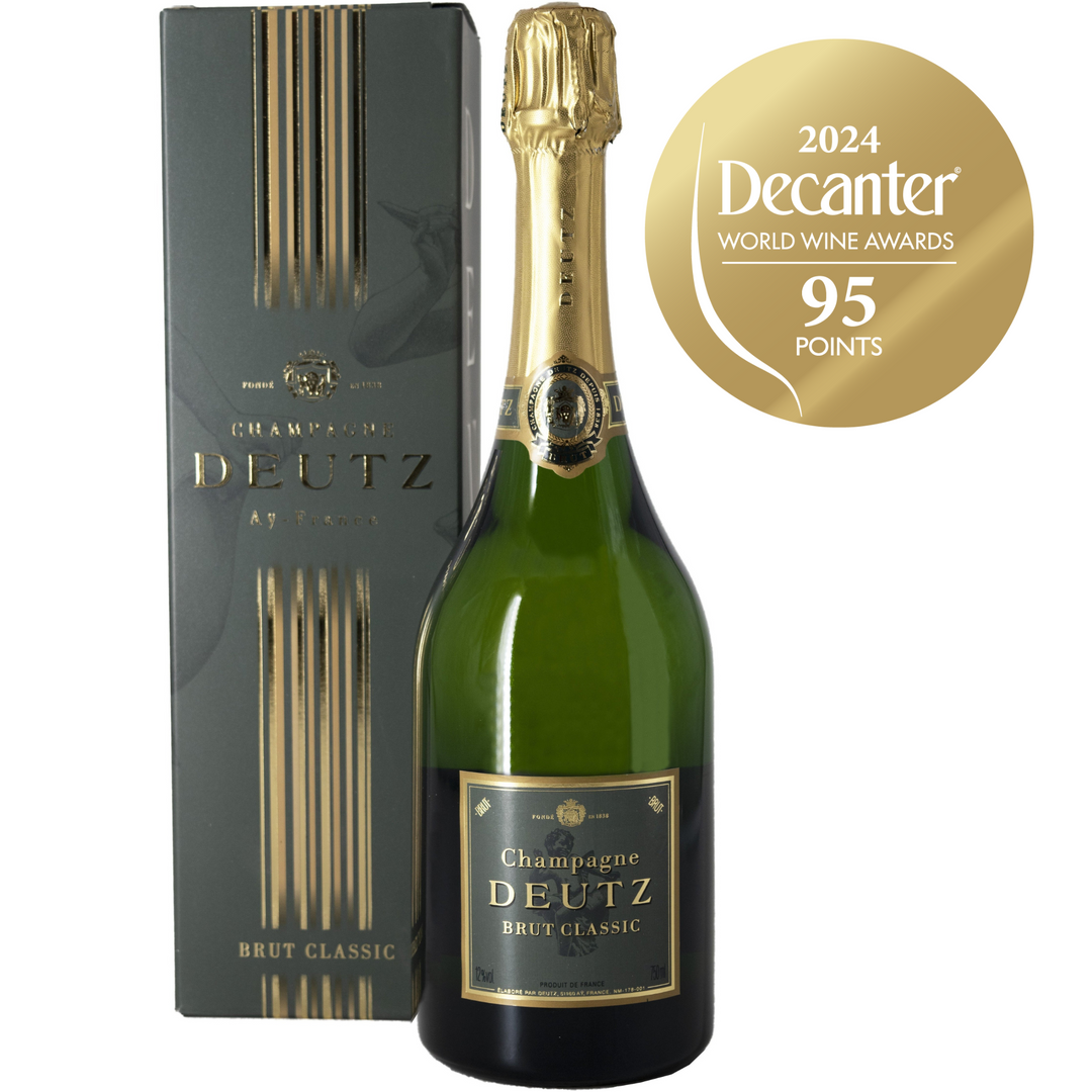 A bottle of Deutz Champagne Brut Classic with a Decanter award medal