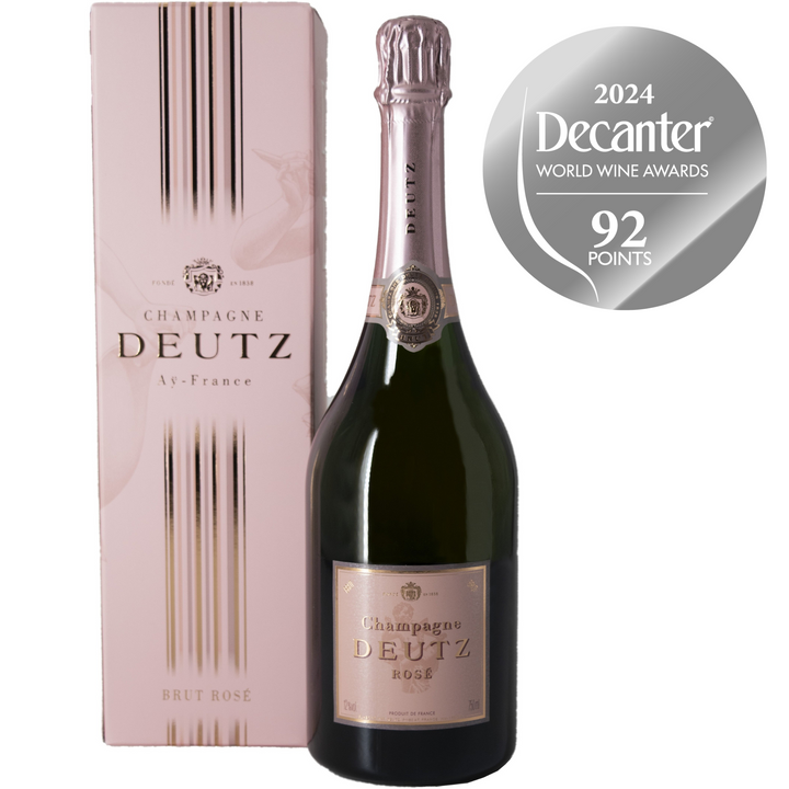 Bottle of Deutz Rosé Champagne NV with label visible and decanter award sticker of 92 points.