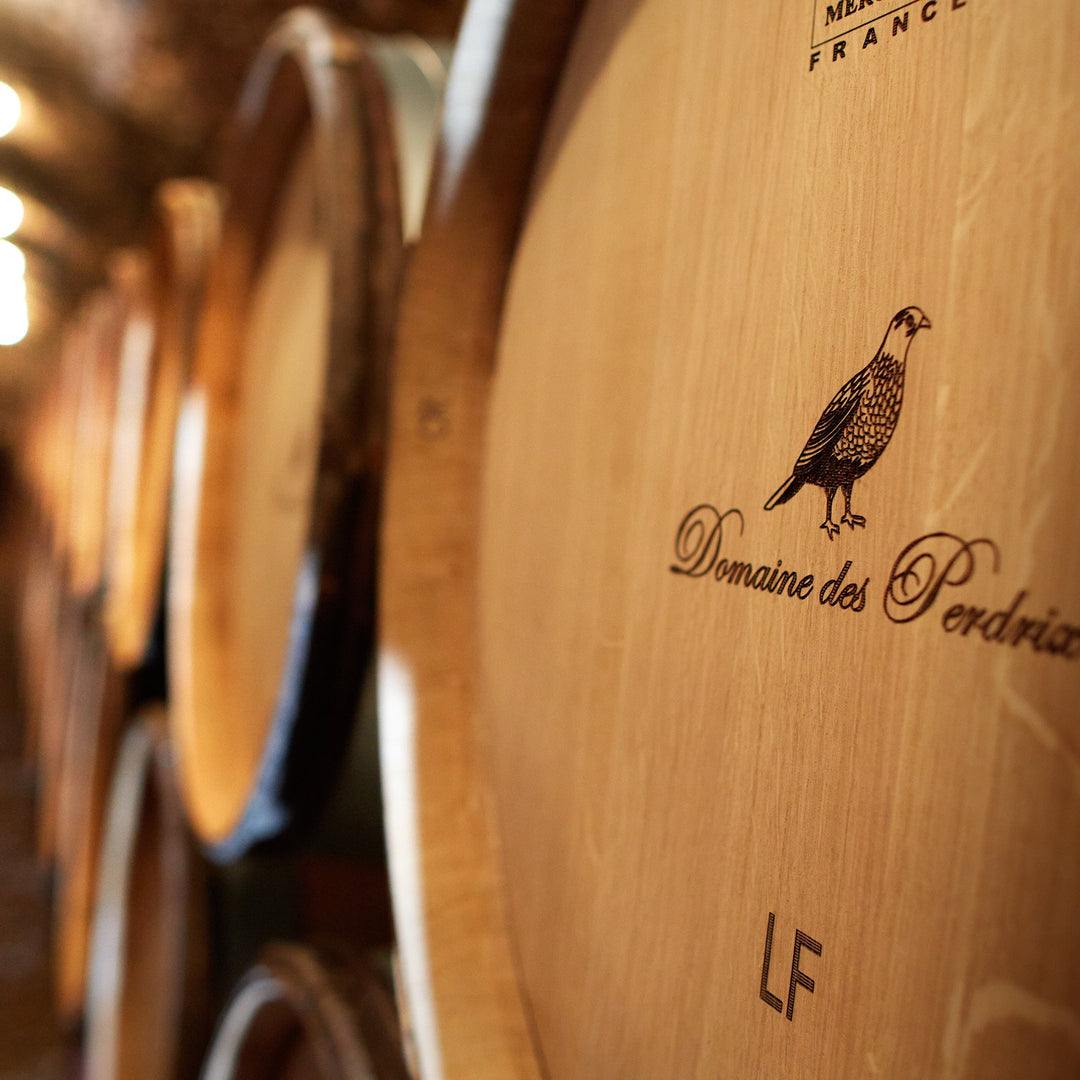 Barrels in Domaine des Perdrix wine cellar, showcasing the engraved logo of Domaine des Perdrix on oak barrels