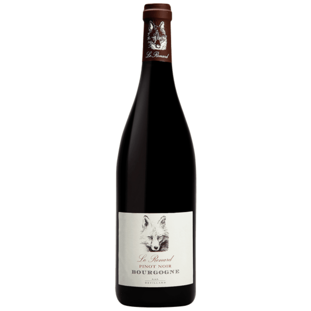 A bottle of Domaine Devillard Le Renart Pinot Noir on white background