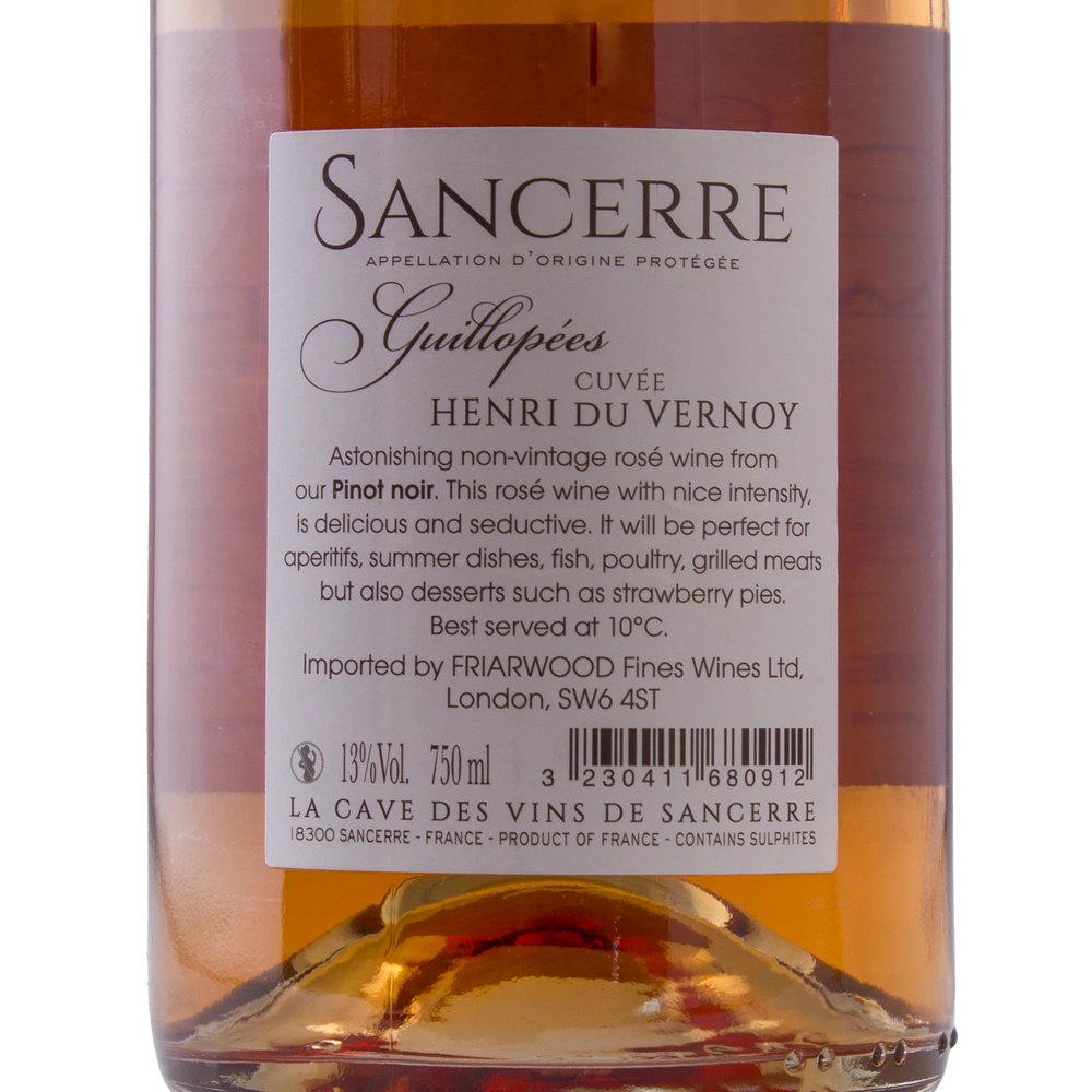 Close-up view of the label on Guillopees Sancerre Rosé, highlighting details about the Pinot Noir-based rosé wine.