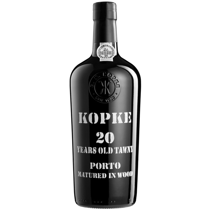 A bottle of Kopke 20-Year-Old Tawny Port, showcasing its iconic black design with bold white text stating "20 Years Old Tawny Port Matured in Wood.