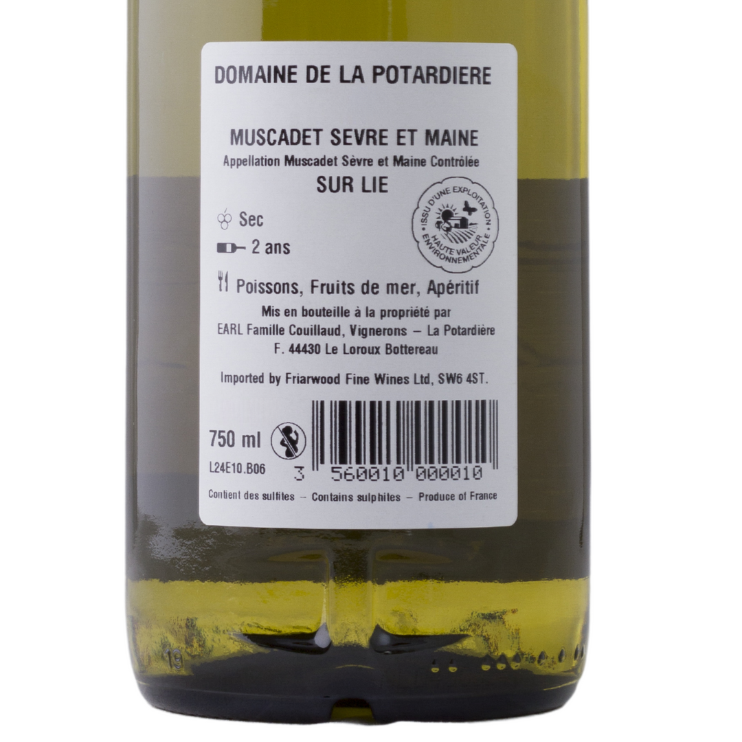 Back label of Domaine de la Potardiere Muscadet Sèvre et Maine Sur Lie white wine bottle showing details.