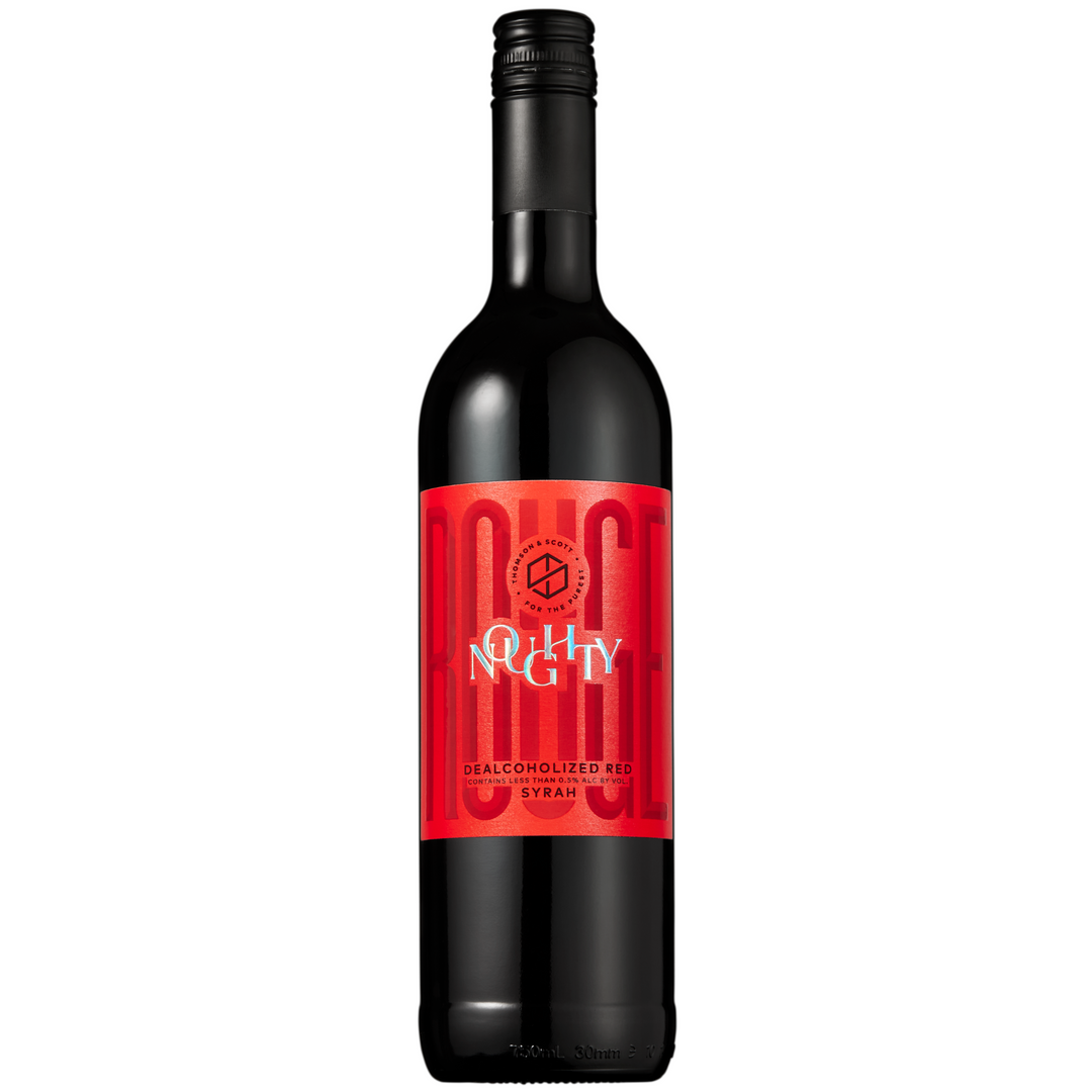 A clear image of Noughty Rouge Syrah, a dealcoholized red wine bottle, with vibrant red and black branding.