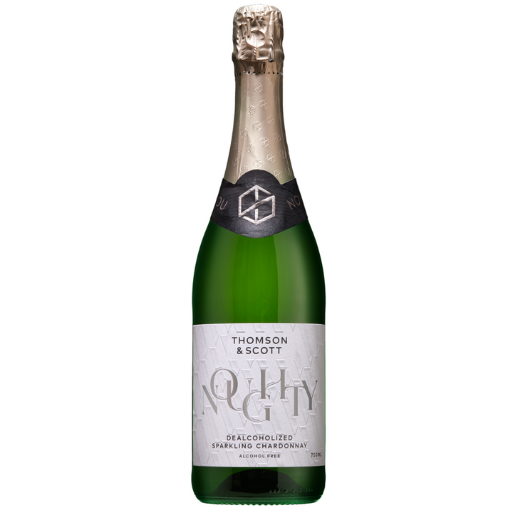 A bottle of Noughty Sparkling Chardonnay non-alcoholic wine with a silver and white label, set against a white background.