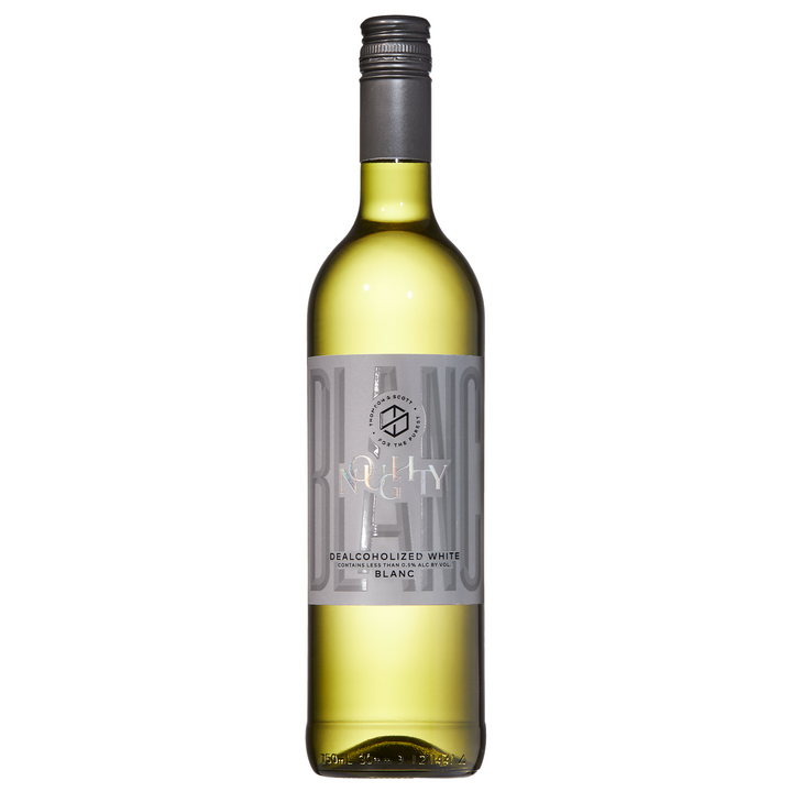 A clear bottle of Noughty White Dealcoholized Wine with a sleek, modern label design, showcasing its non-alcoholic premium offering.