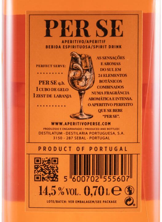 Close-up of the back label of Per Se Aperitivo showcasing serving suggestions and product details.