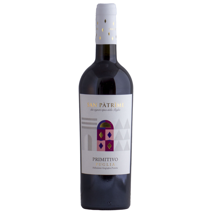 A bottle of San Patrime Primitivo Red wine on white background.
