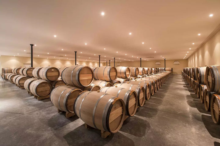 A large wine cellar filled with neatly aligned oak barrels used for aging fine wines, lit by soft ceiling lights.