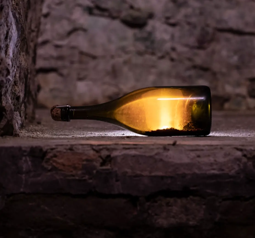 An aged wine bottle resting in a stone cellar, showcasing the time-honored winemaking process.