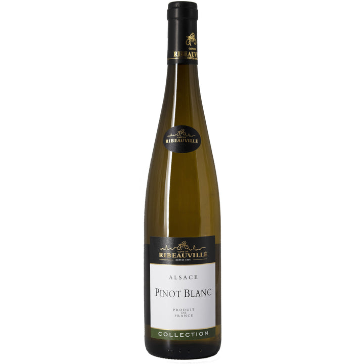 A bottle of 2017 Alsace Pinot Blanc from Ribeauville, showcasing its elegant label design and clear Alsatian wine bottle shape.