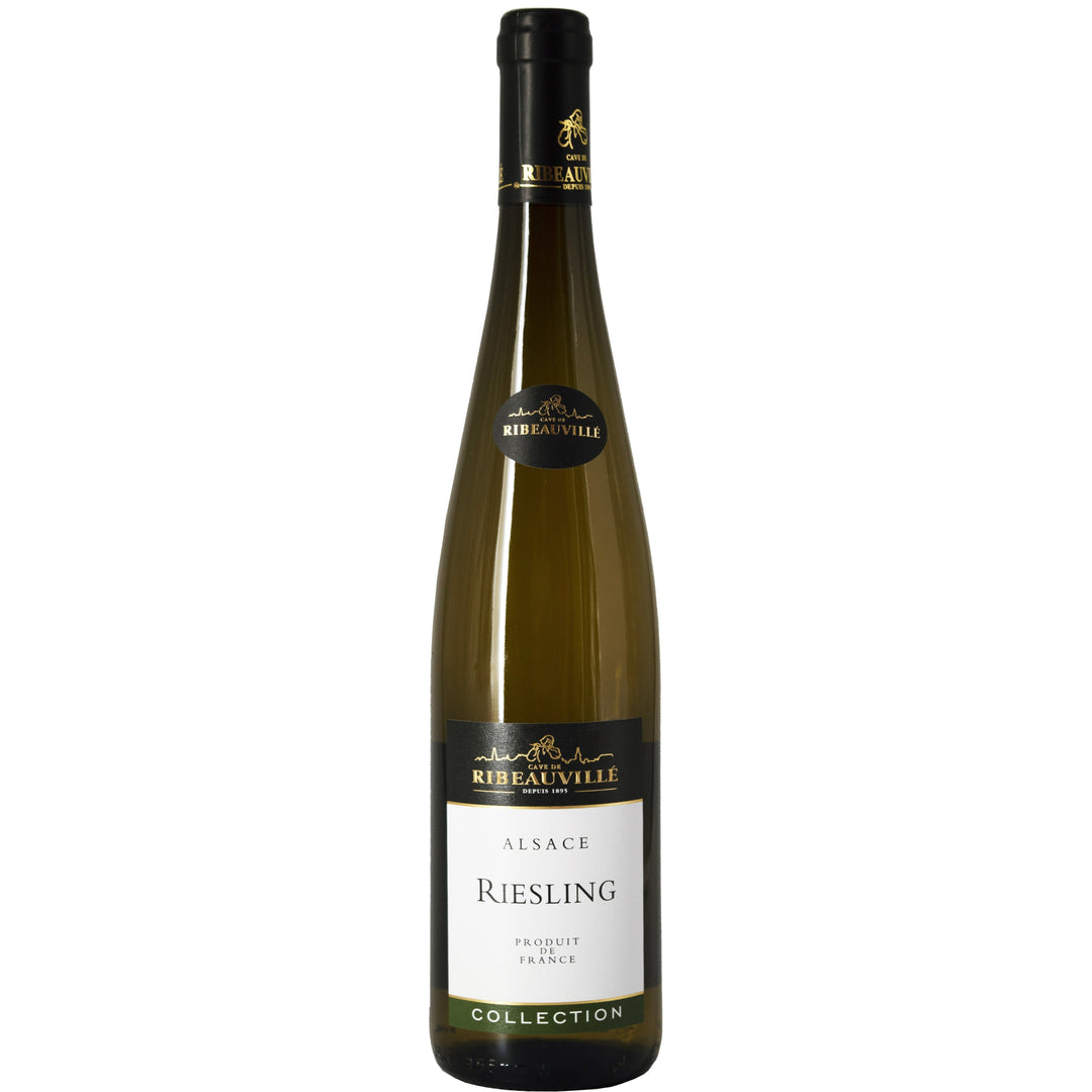 A bottle of Alsace Riesling from Cave de Ribeauville Collection, featuring a sleek black and gold label.