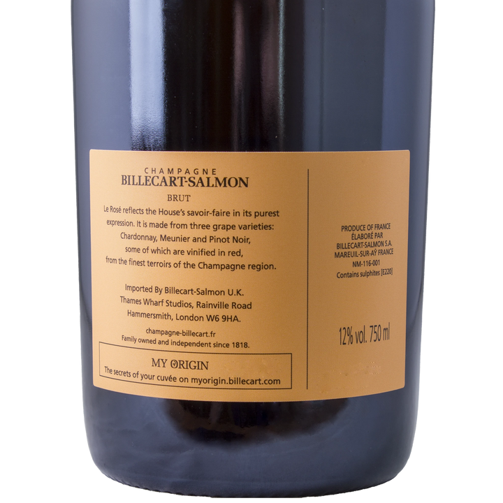 Back label of the Billecart-Salmon Brut Rosé Champagne highlighting its composition and origin.