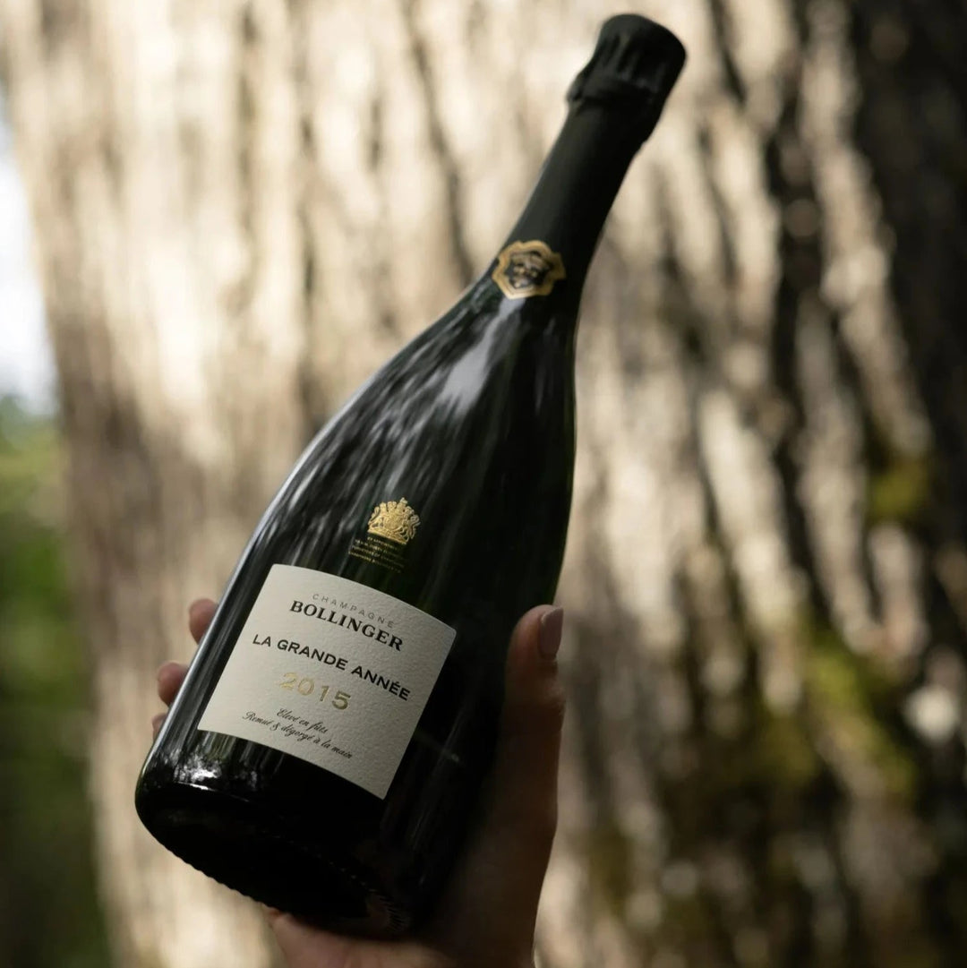 Bollinger La Grande Année 2015 Champagne bottle held outdoors, reflecting elegant craftsmanship