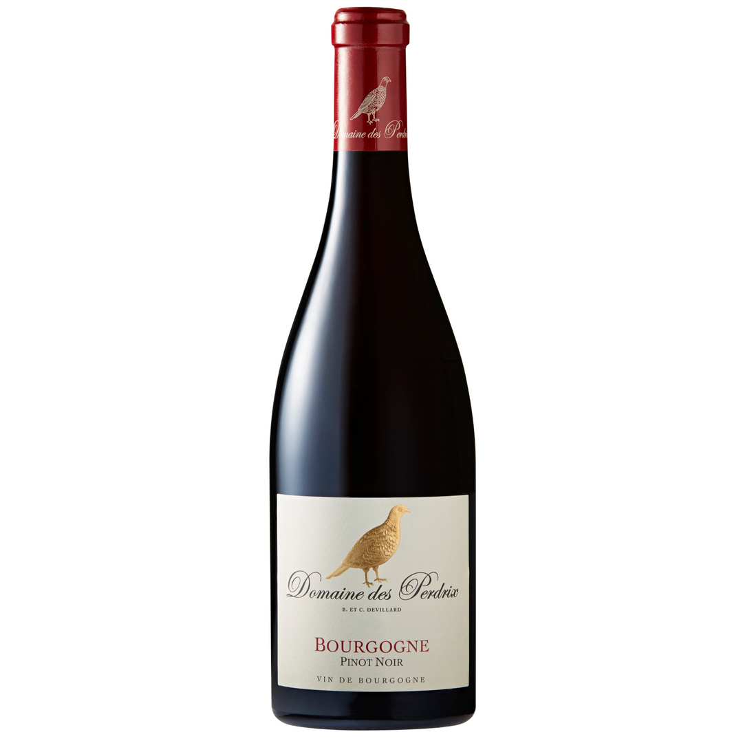 Bottle of Bourgogne Pinot Noir by Domaine des Perdrix, a classic French red wine.