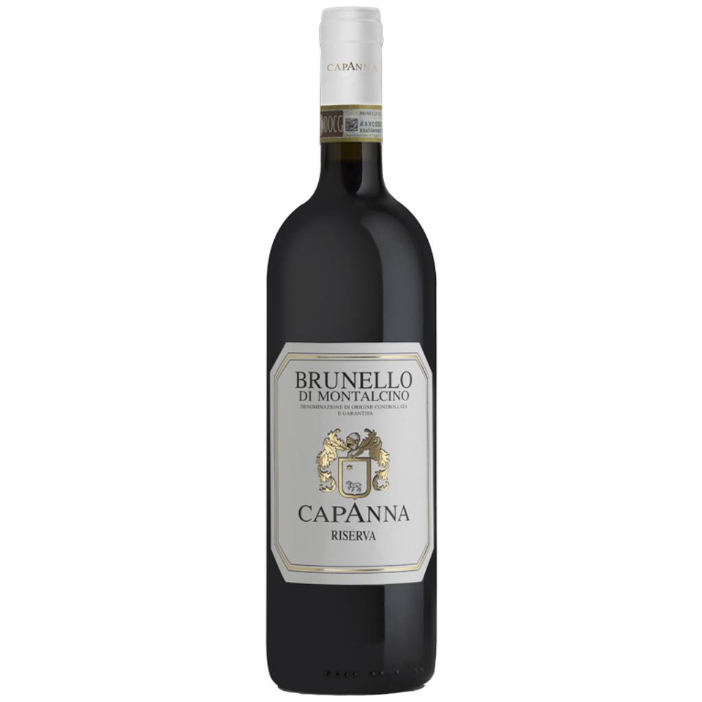 A bottle of Capanna Brunello di Montalcino Riserva, an elegant Italian red wine from Tuscany with a refined label.