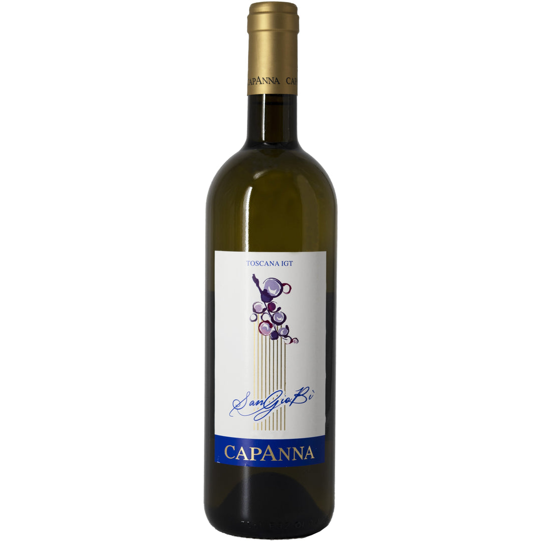 A bottle of Capanna Sangiobi white wine on a white background