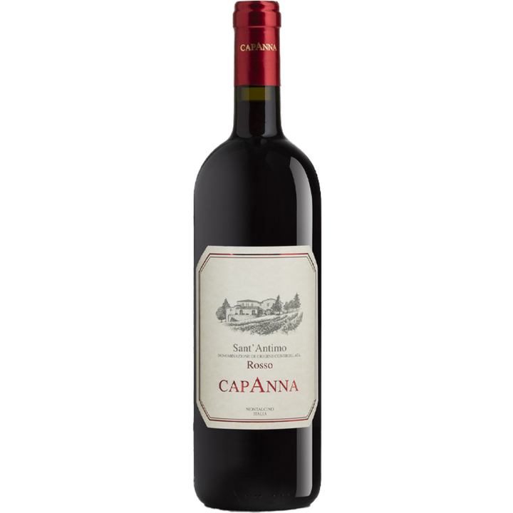 Bottle of Capanna Sant'Antimo Rosso wine with a classic label featuring a sketch of a countryside estate.