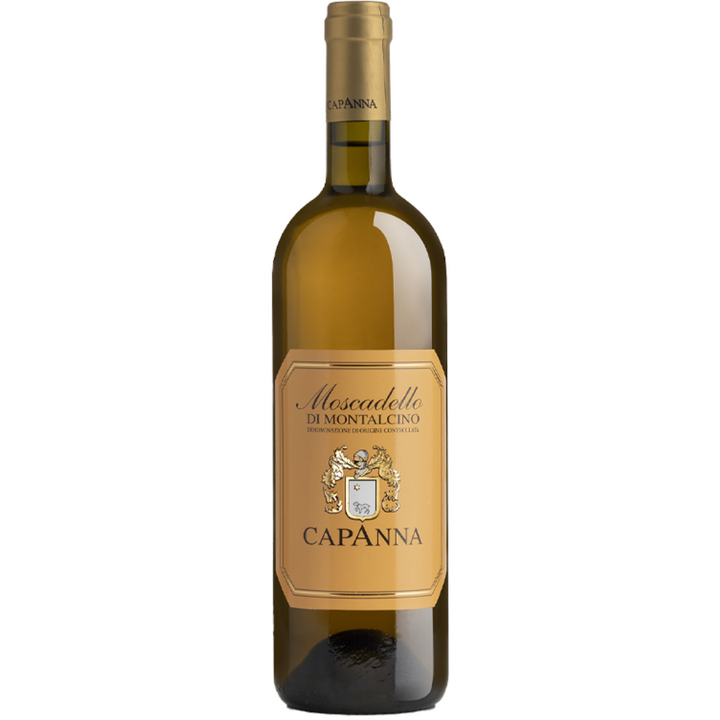 Moscadello di Montalcino wine bottle from Capanna, showcasing its elegant gold label and classic design.