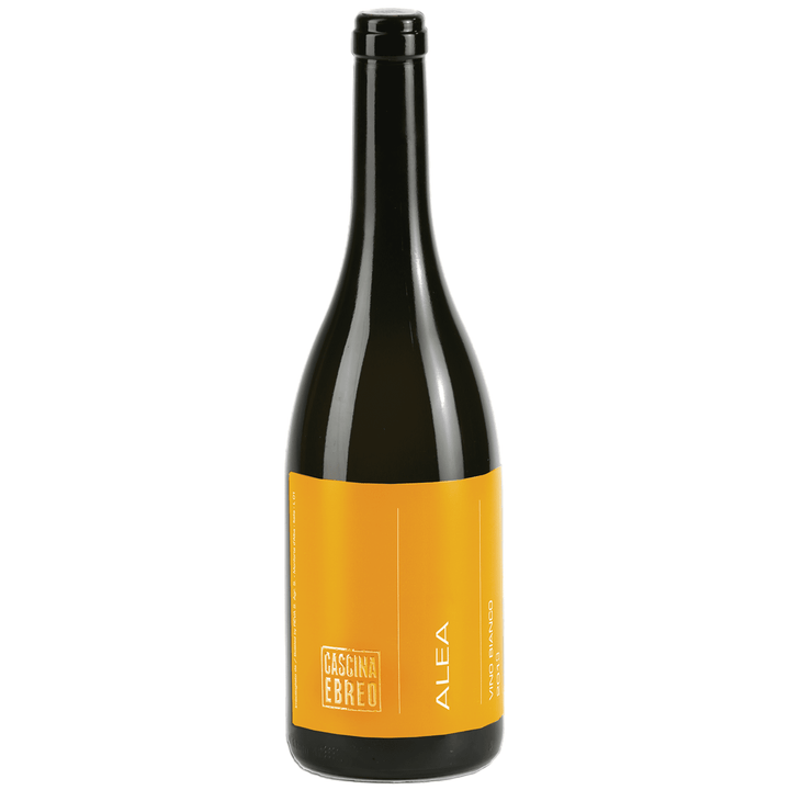 Bottle of Cascina Ebreo Alea Bianco wine with a vibrant yellow label, showcasing its unique and minimal intervention style.