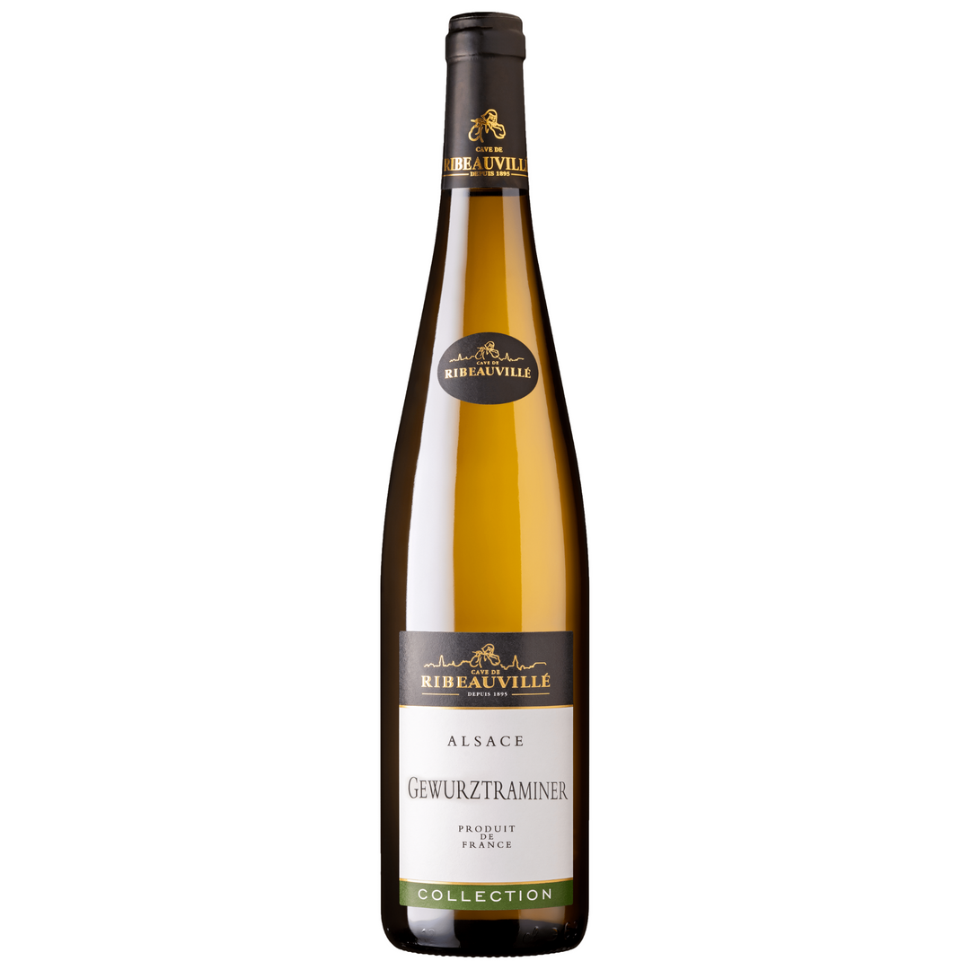 A bottle of Cave de Ribeauvillé Gewurztraminer, an Alsatian white wine from France.