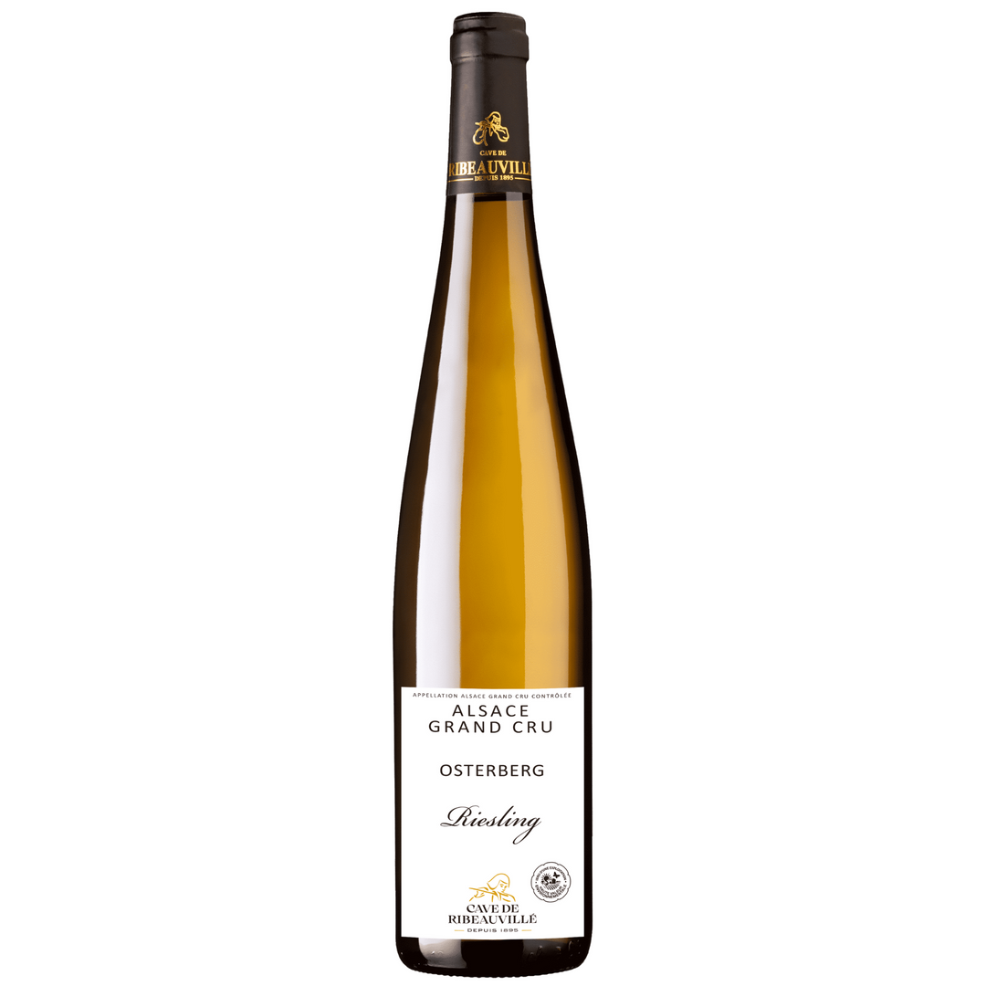 A bottle of Cave de Ribeauvillé Grand Cru Osterberg Riesling wine.