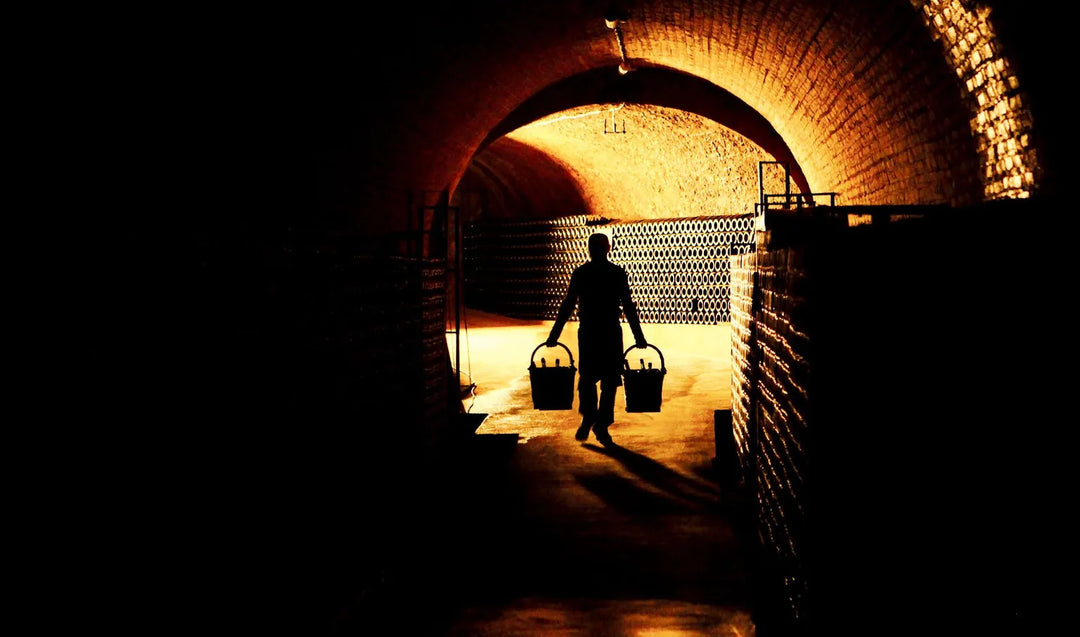 Worker carrying champagne bottles through the dimly lit Bollinger cellars, a place of history and tradition.