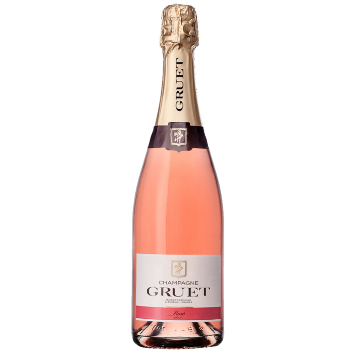 Champagne Gruet Rosé Brut bottle showcasing its elegant pink hue and classic design.