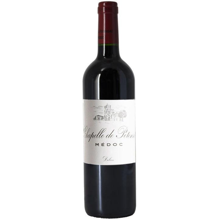 A bottle of Chapelle de Potensac Médoc, a refined Bordeaux red wine, featuring a classic label with an illustration of the estate’s historic chapel.