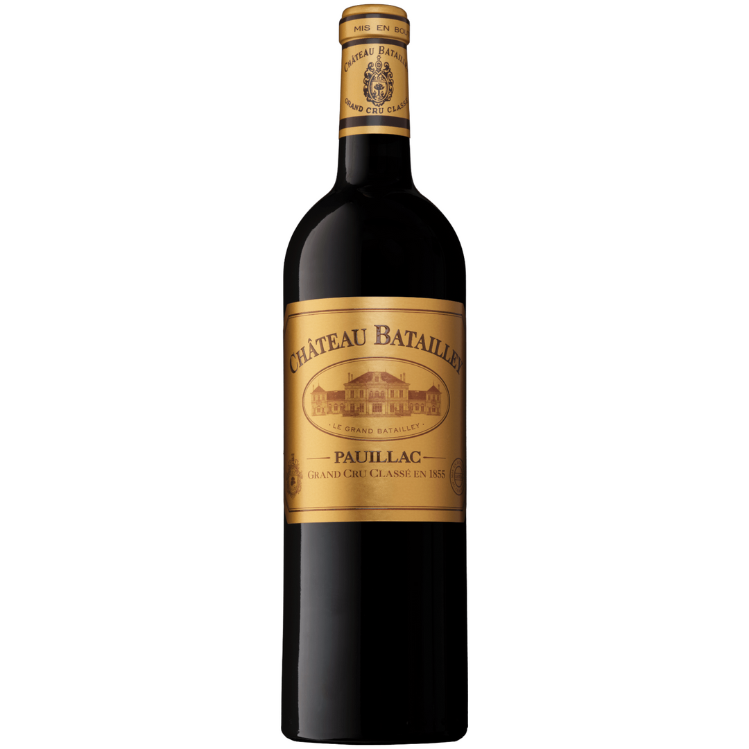 Château Batailley Pauillac red wine bottle featuring a gold label and Bordeaux Grand Cru Classé designation.