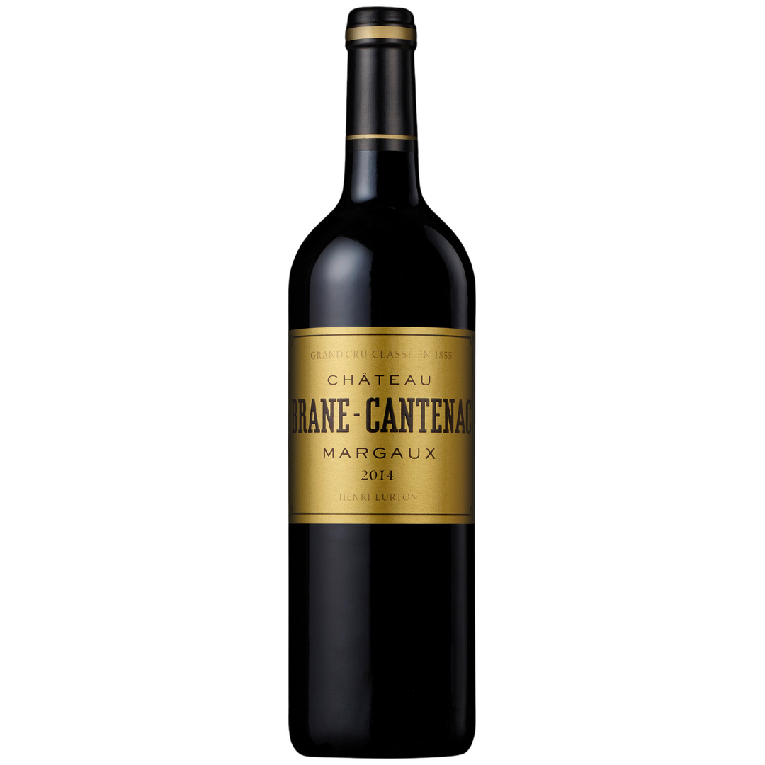 A bottle of Château Brane-Cantenac Margaux 2014, a prestigious Grand Cru Classé red wine from Bordeaux.