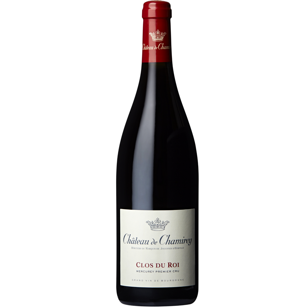 A bottle of Château de Chamirey Mercurey Premier Cru Clos du Roi, a red wine from Burgundy, France.