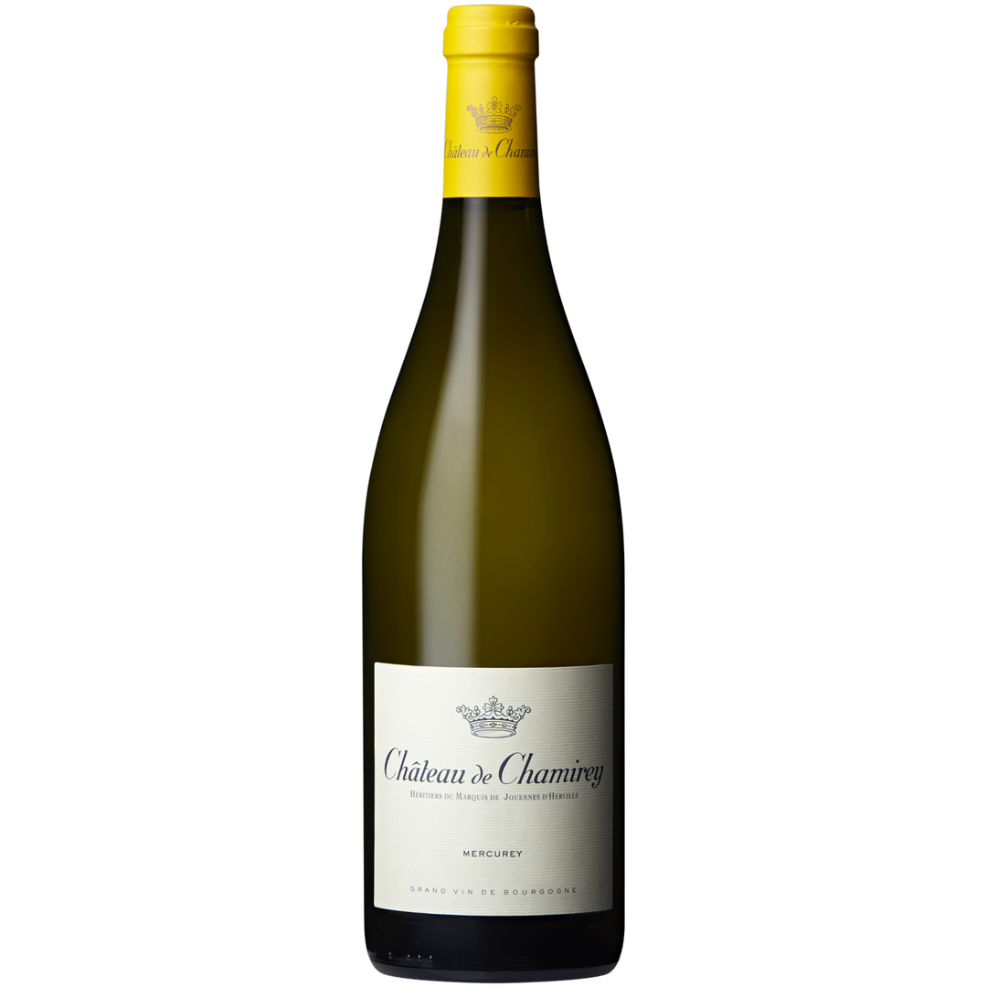 Bottle of Château de Chamirey Mercurey White Burgundy wine with a bright yellow capsule and elegant label design.