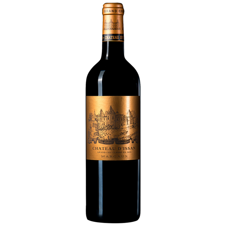 Château d'Issan Margaux Grand Cru Classé red wine bottle with a golden label, renowned for its elegance and complexity.