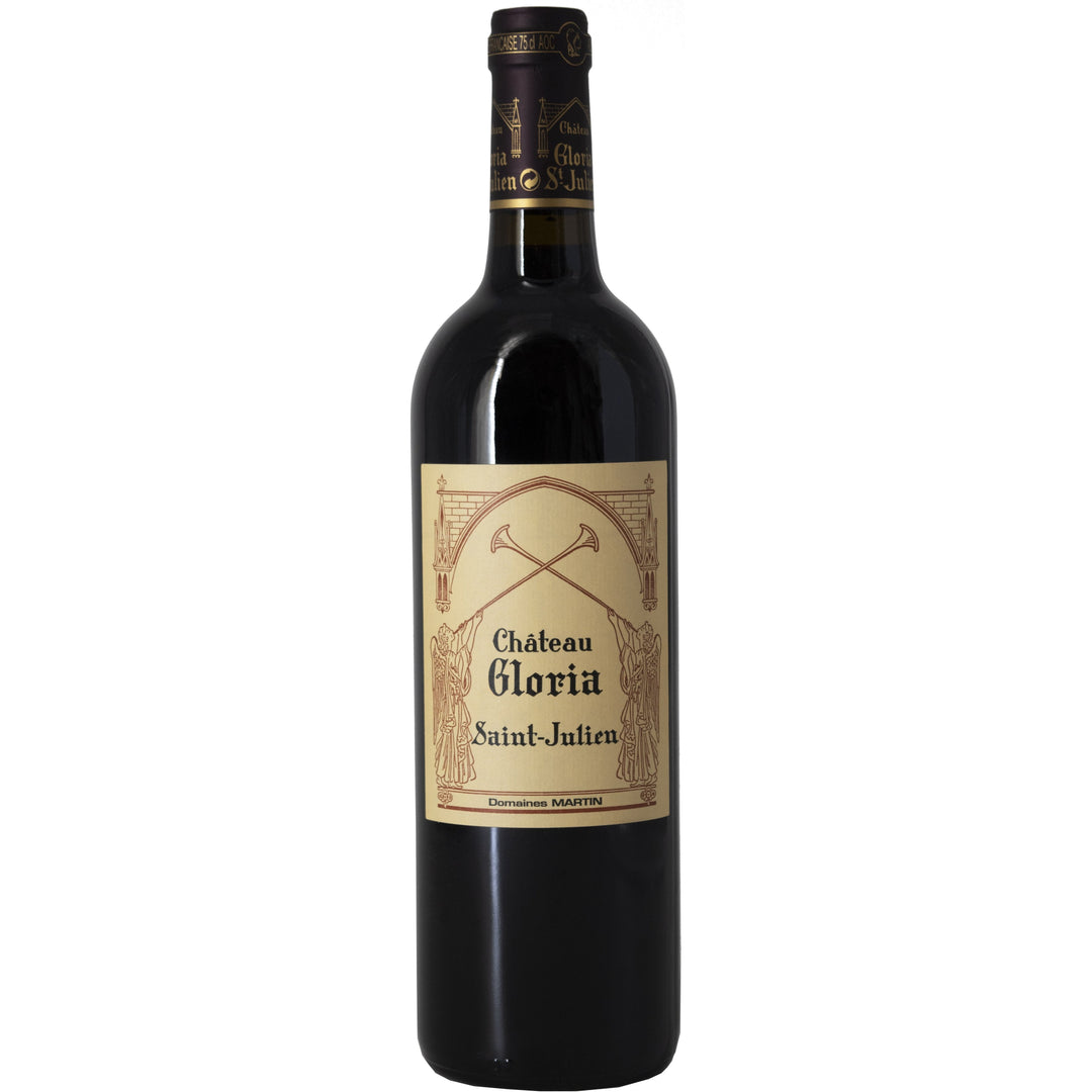 A bottle of Château Gloria Saint-Julien, a classic Bordeaux red wine with rich flavors and elegant structure.