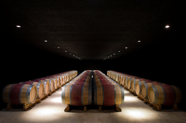 Château Grand Corbin underground wine cellar with oak barrels.