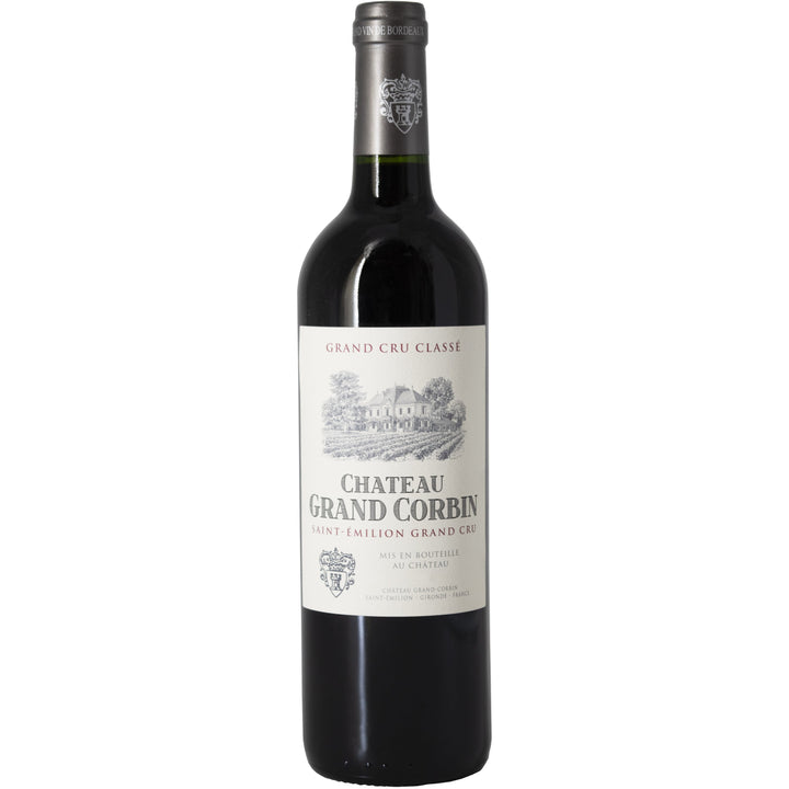 A bottle of Château Grand Corbin, a prestigious Saint-Émilion Grand Cru Classé red wine, featuring a classic label and refined Bordeaux craftsmanship.