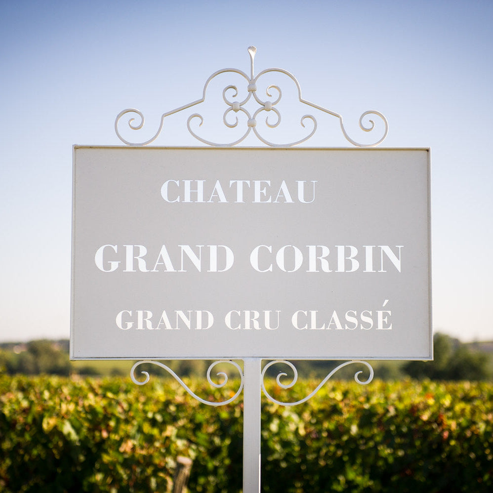 Château Grand Corbin vineyard sign indicating its Grand Cru Classé status.