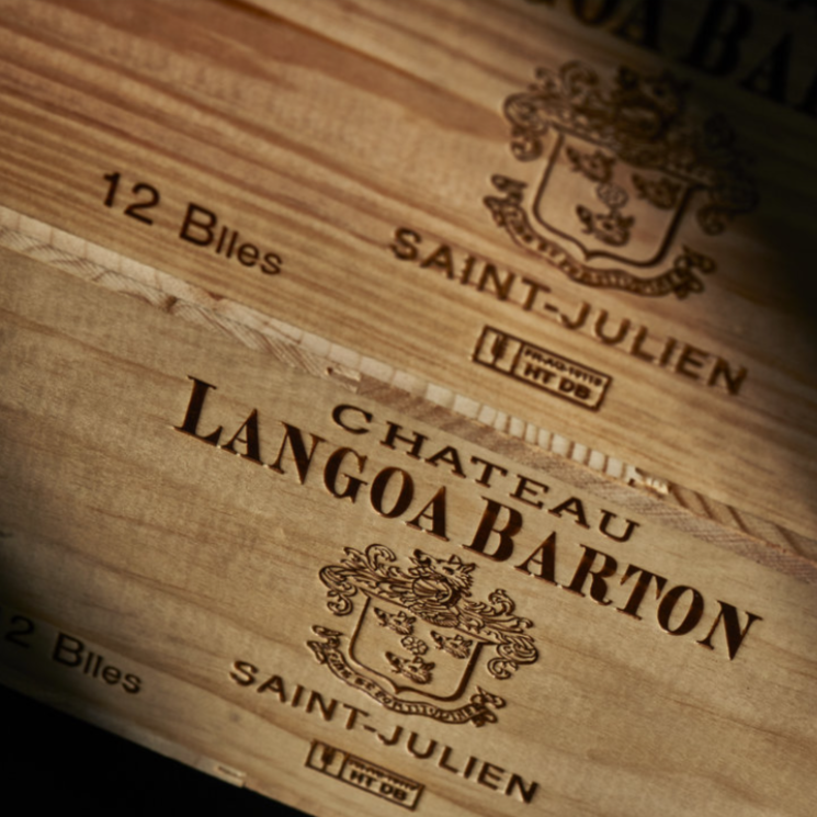 Chateau Langoa-Barton wooden wine box with engraved logo and Saint-Julien label.