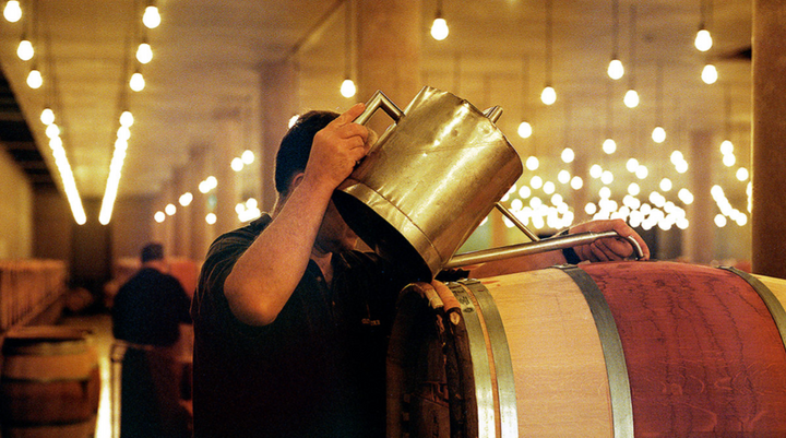 A winemaker at Château Latour pouring wine into barrels during the aging process in the cellar.