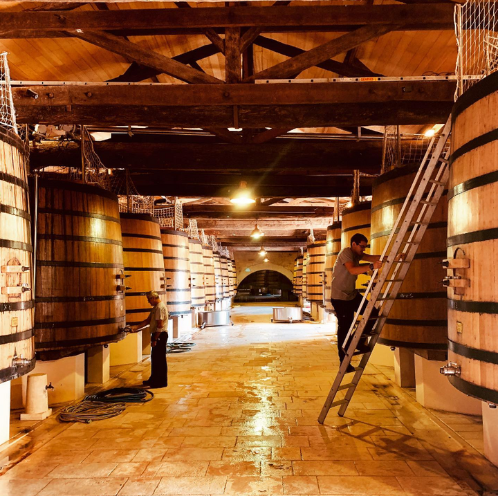 Winemakers working in the historic wine cellar of Château Léoville Barton, surrounded by large wooden fermentation vats.