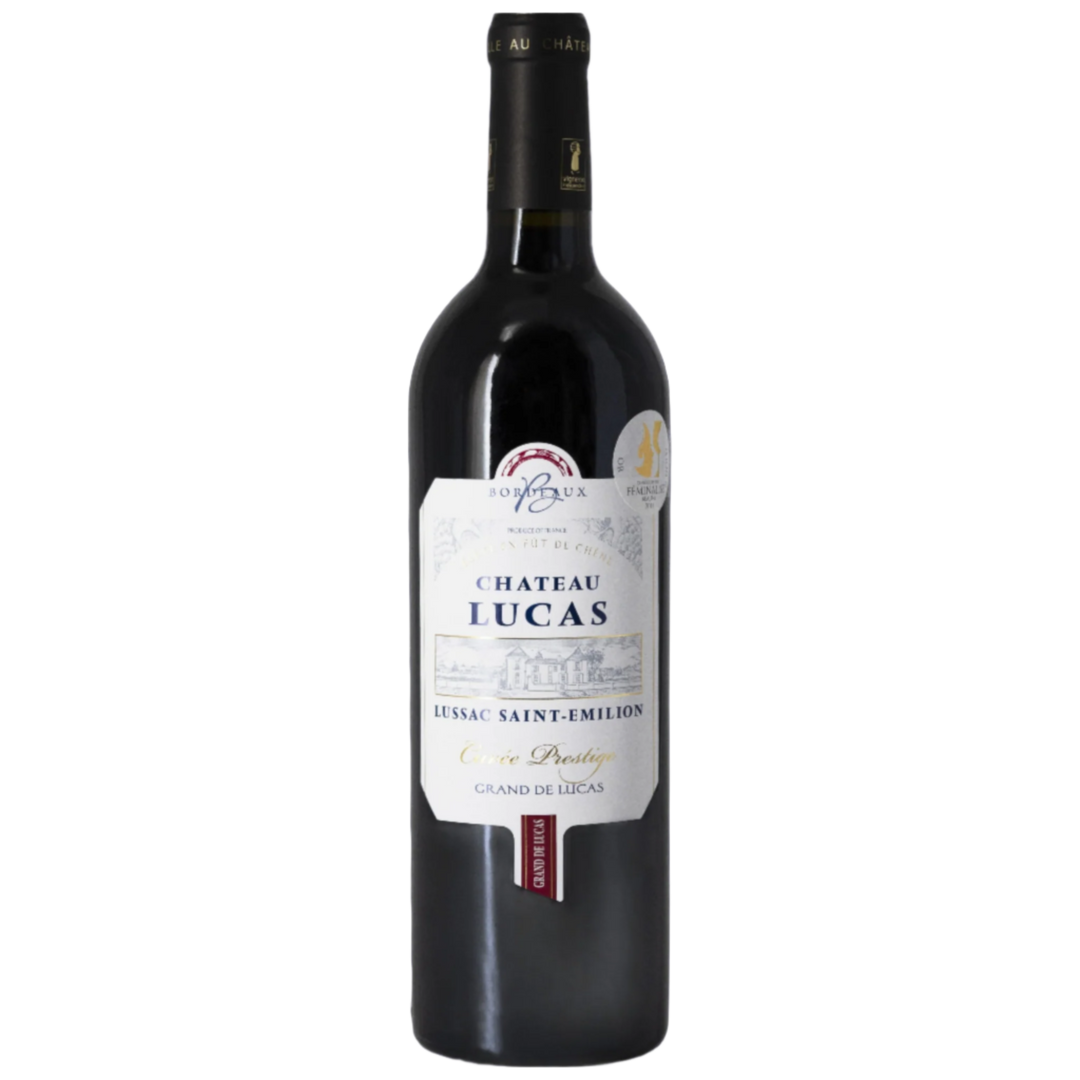 Château Lucas Lussac Saint-Émilion wine bottle, featuring a classic label with the estate illustration, representing this Bordeaux red wine known for its Cuvée Prestige from the Lussac Saint-Émilion appellation.