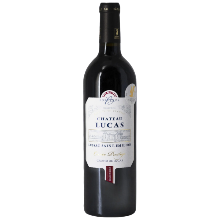 Château Lucas Lussac Saint-Émilion wine bottle, featuring a classic label with the estate illustration, representing this Bordeaux red wine known for its Cuvée Prestige from the Lussac Saint-Émilion appellation.